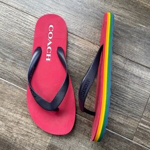 Coach Red Flip Flops with Rainbow Platform